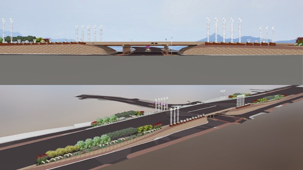 Our redesign features sixteen wind turbines with sculptural armatures, twenty-four light sculptures and arcing planters filled with native plants.