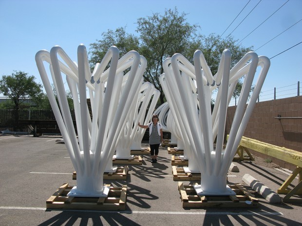 Vicki Scuri with light sculptures, August 2014