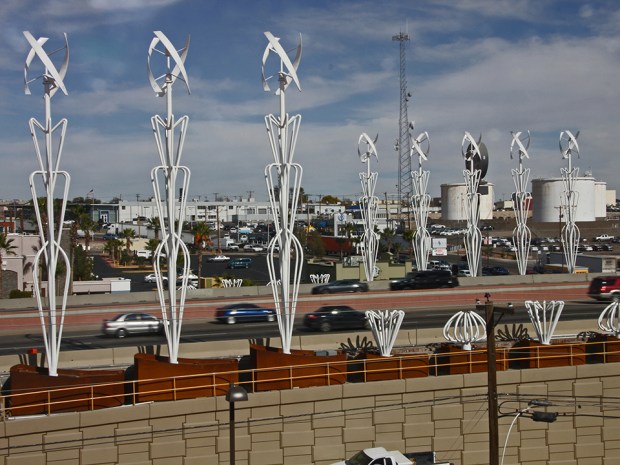 A closeup view of the turbines and sculptures from the fourth floor of the Staybridge Suites.