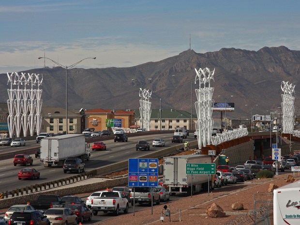 Look west, from an elevated parking lot overlooking I-10.