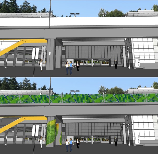 The acoustic panels are patterned with a leaf pattern inspired by the slough.